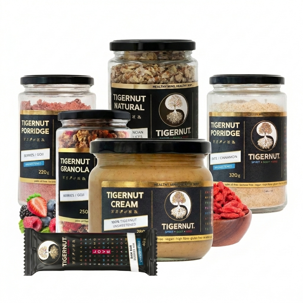 TIGERNUT balíček produktov s kašami, granolou, tyčinkou, lúpaným tigrím orechom a 100 % krémom zdarma