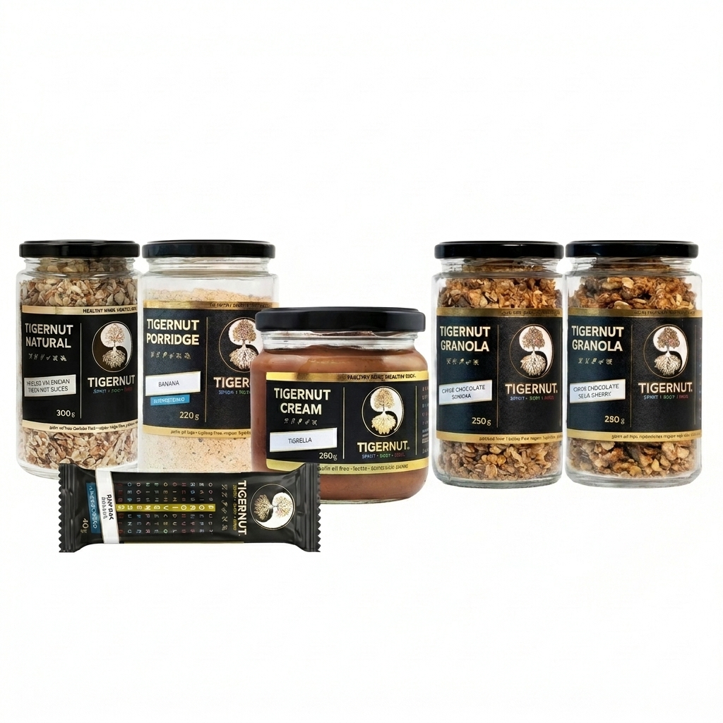 TIGERNUT balíček produktov s kašou, granolou, krémom, tyčinkou a lúpaným tigrím orechom